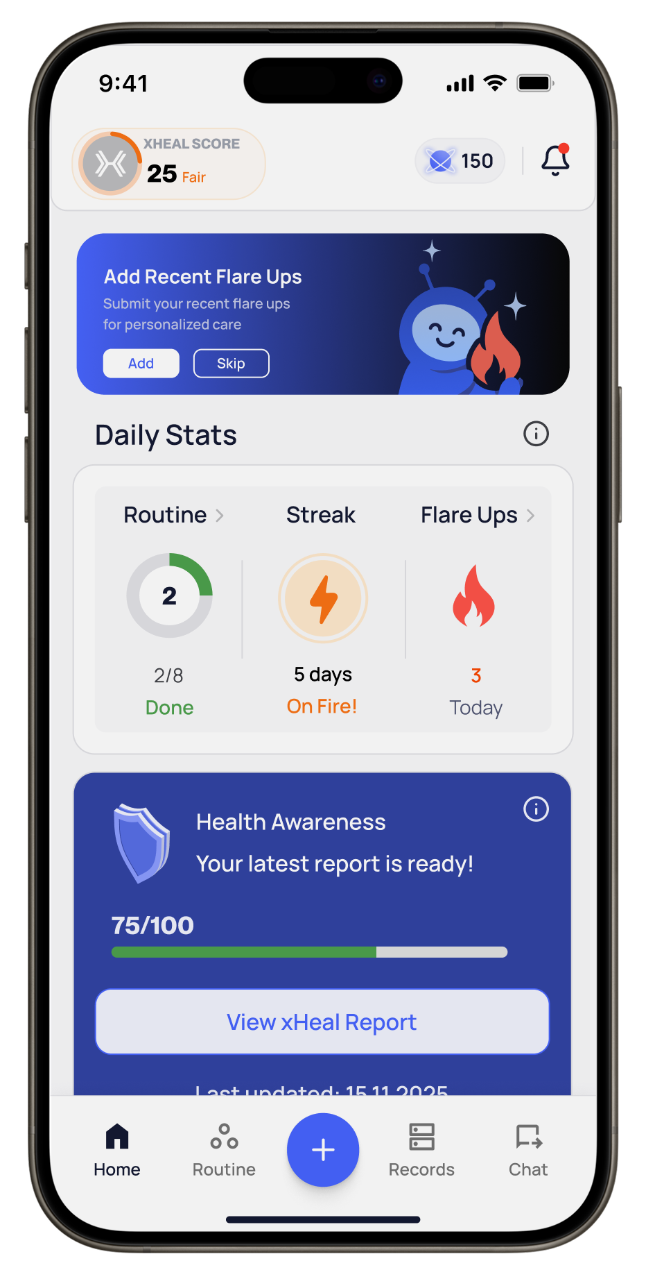Smartphone screen displaying a health app dashboard with xHeal Score of 25, flare ups, streak of 5 days, health awareness report score of 75 out of 100, and navigation icons for Home, Routine, Add, Records, and Chat.
