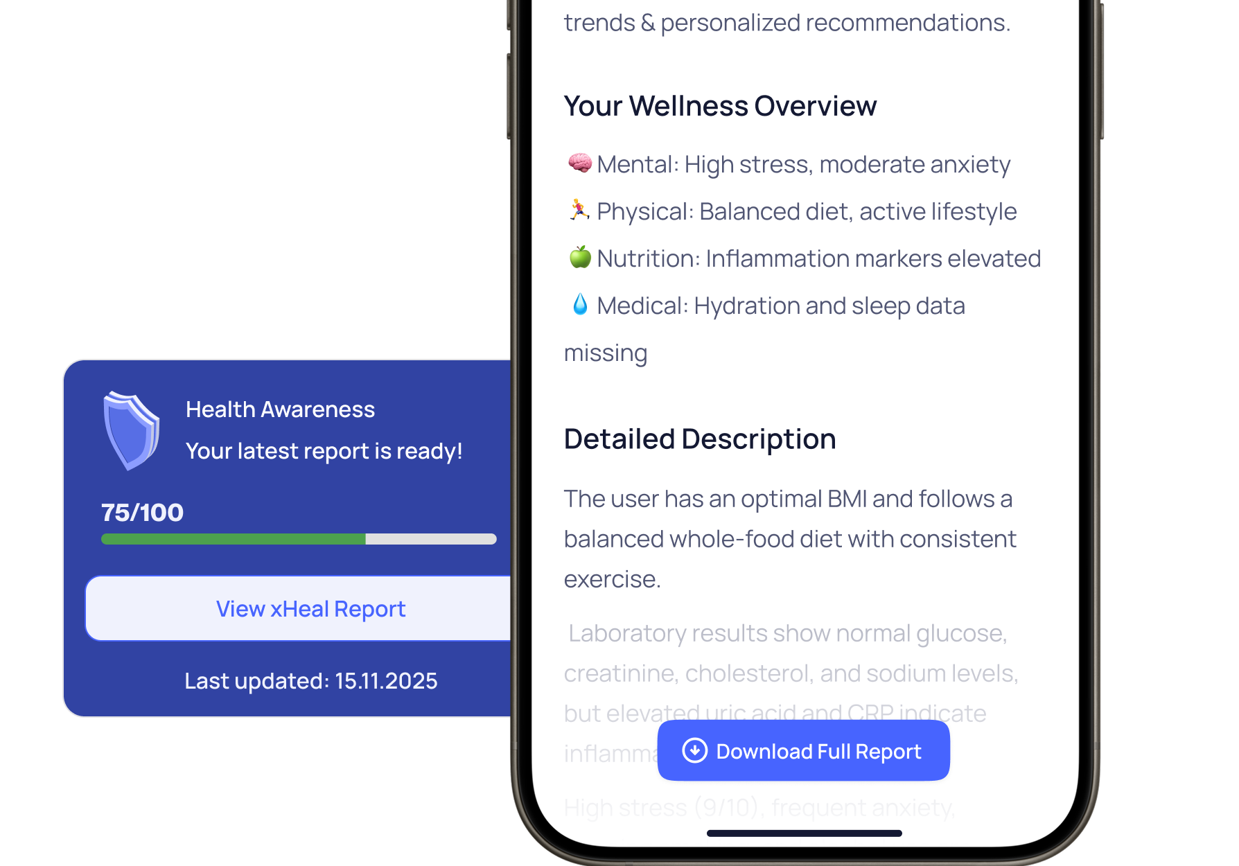 xHeal Health Awareness score showing 75 out of 100 across six health domains