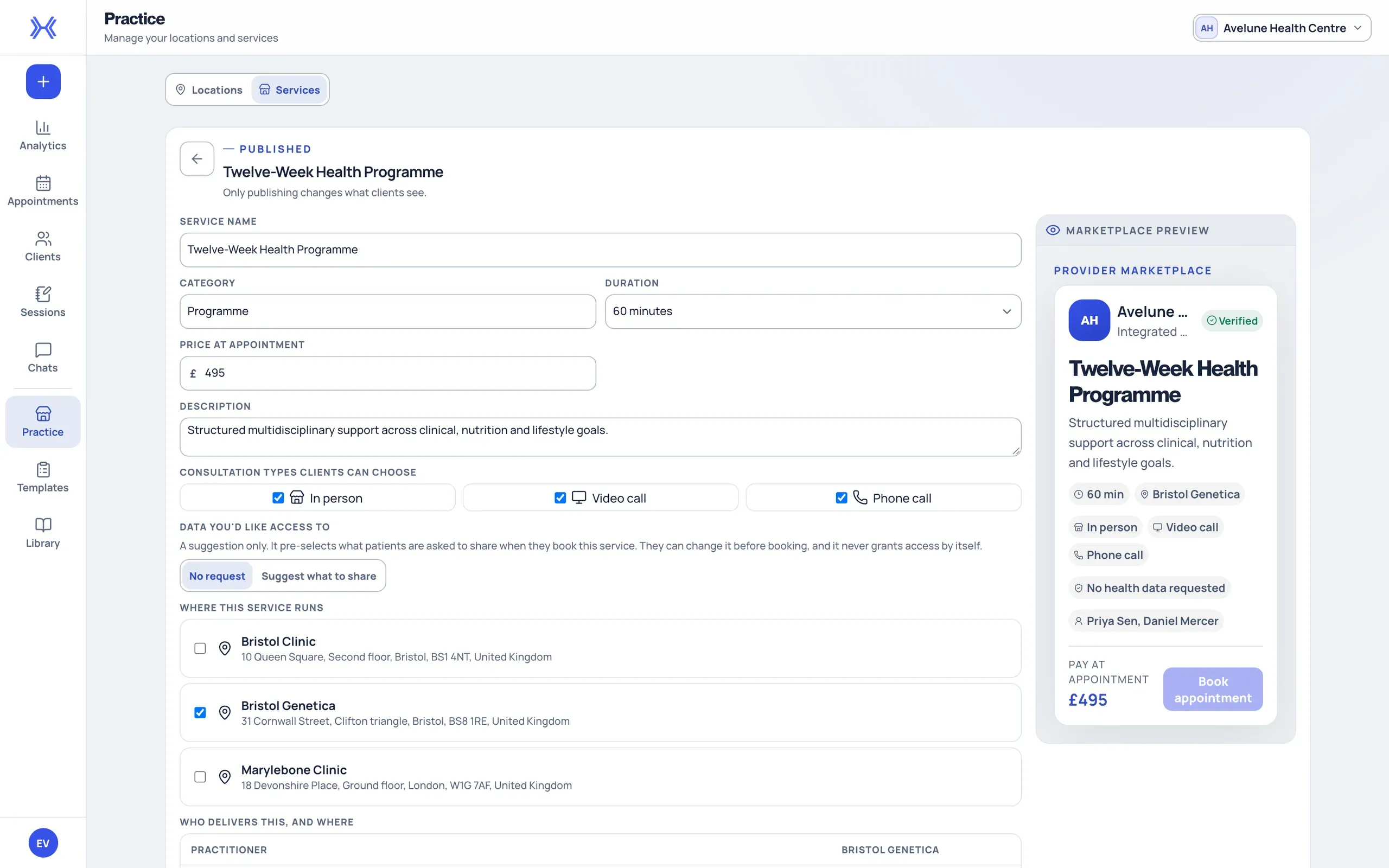 A service in xHeal Provider Workspace with its duration, price and location, beside a preview of how clients see the listing.
