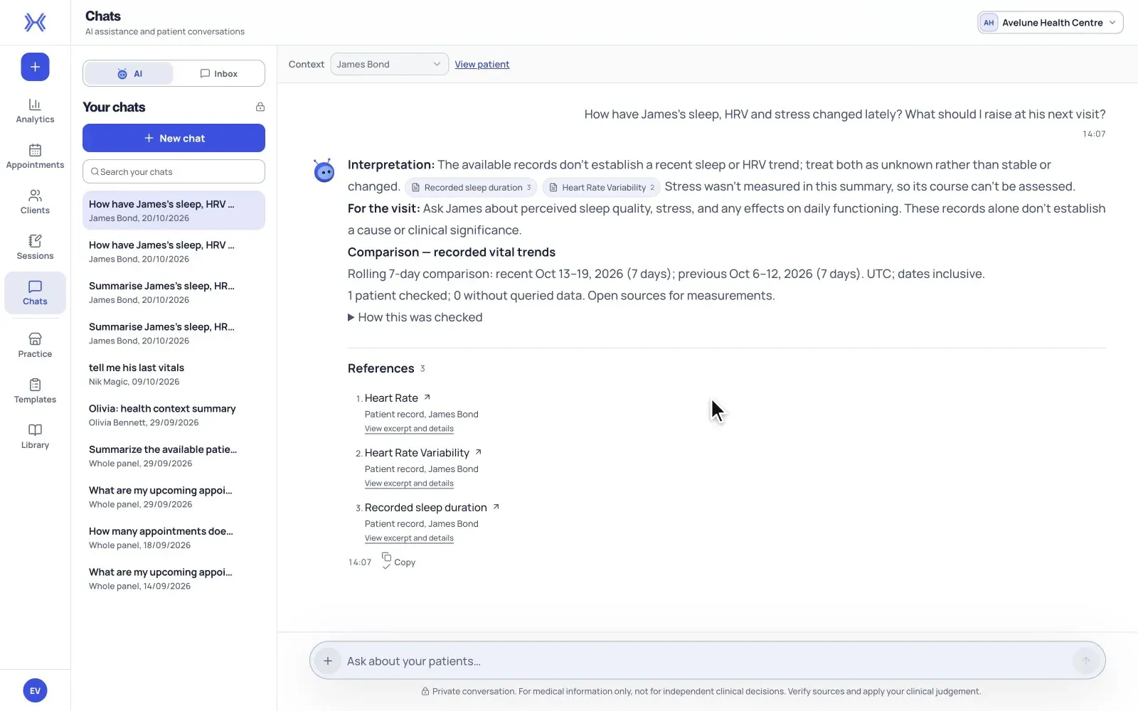 A practitioner chooses a client, asks xHeal AI about their sleep, heart rate variability and stress, and reads the answer and its sources.