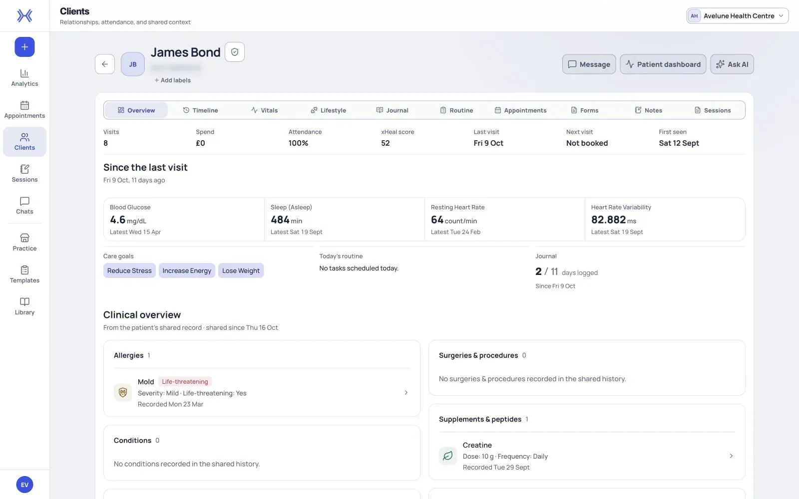 A walkthrough of a client record in xHeal Provider Workspace: key measures since the last visit, then the shared clinical overview, timeline, vitals, journal and daily routine.