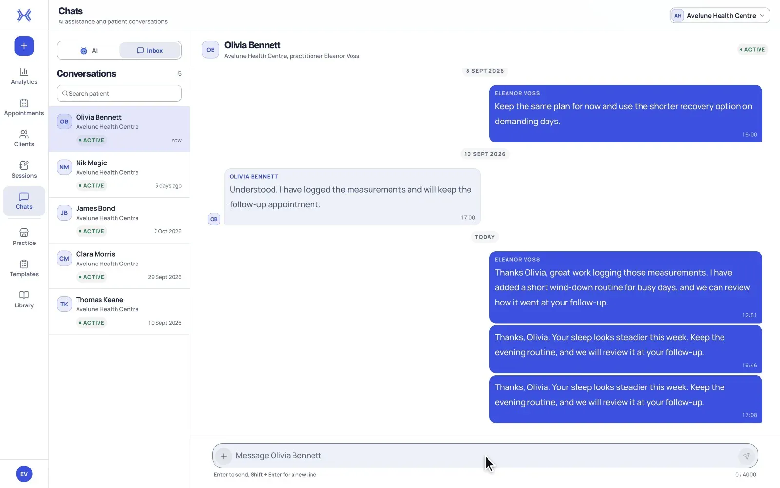 A practitioner opens a client conversation in Provider Workspace messages, types a reply and sends it.