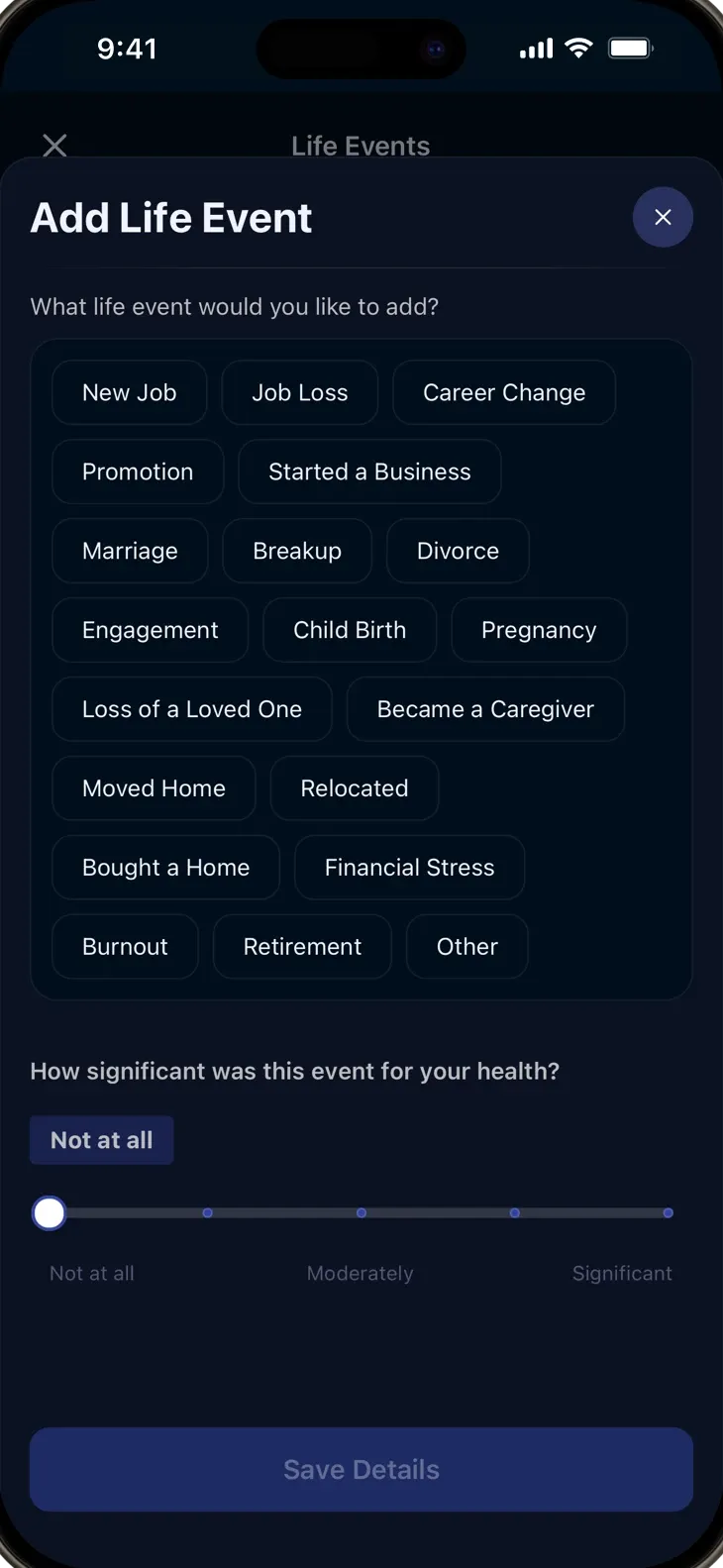 xHeal life event logger with event categories and health significance