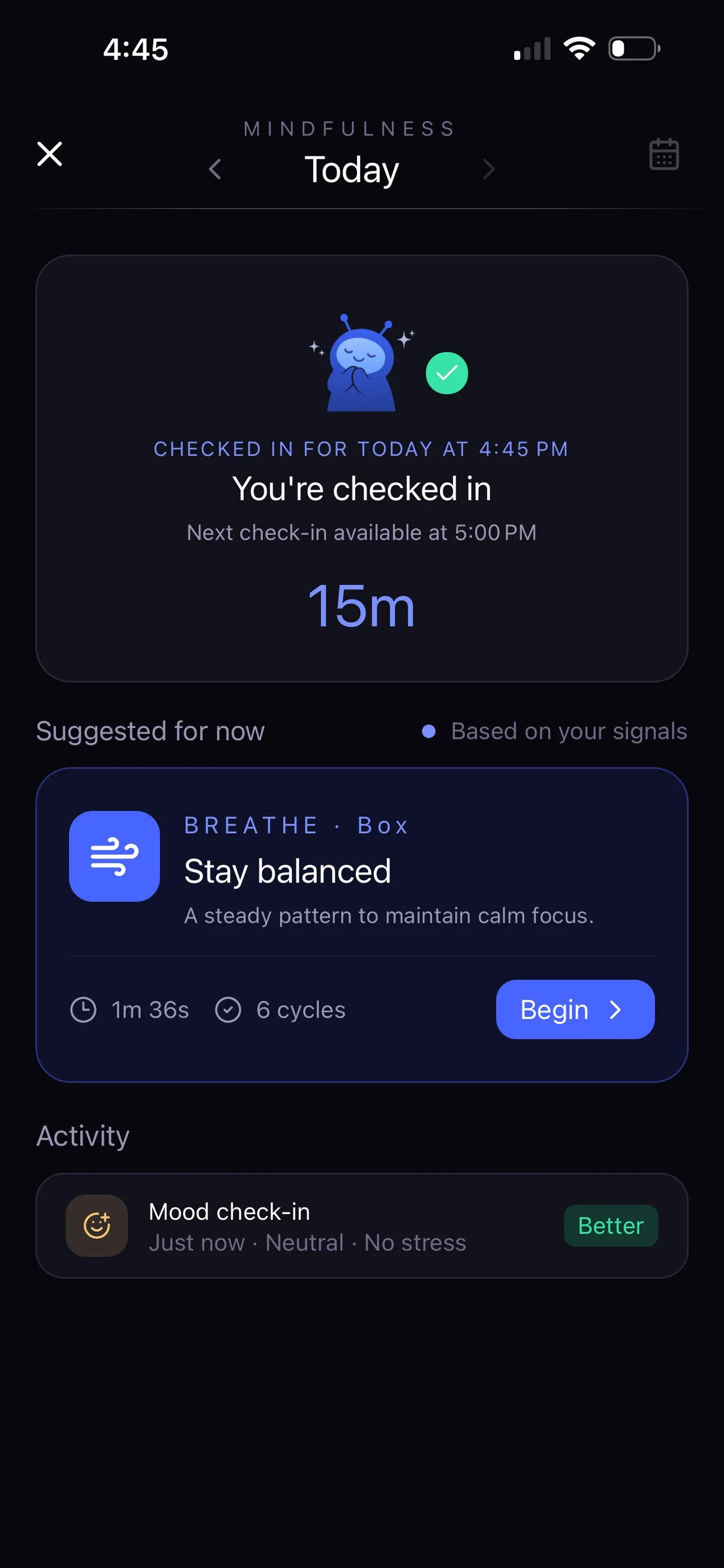 xHeal mindfulness dashboard showing today's check-in, a breathing exercise, and mood activity