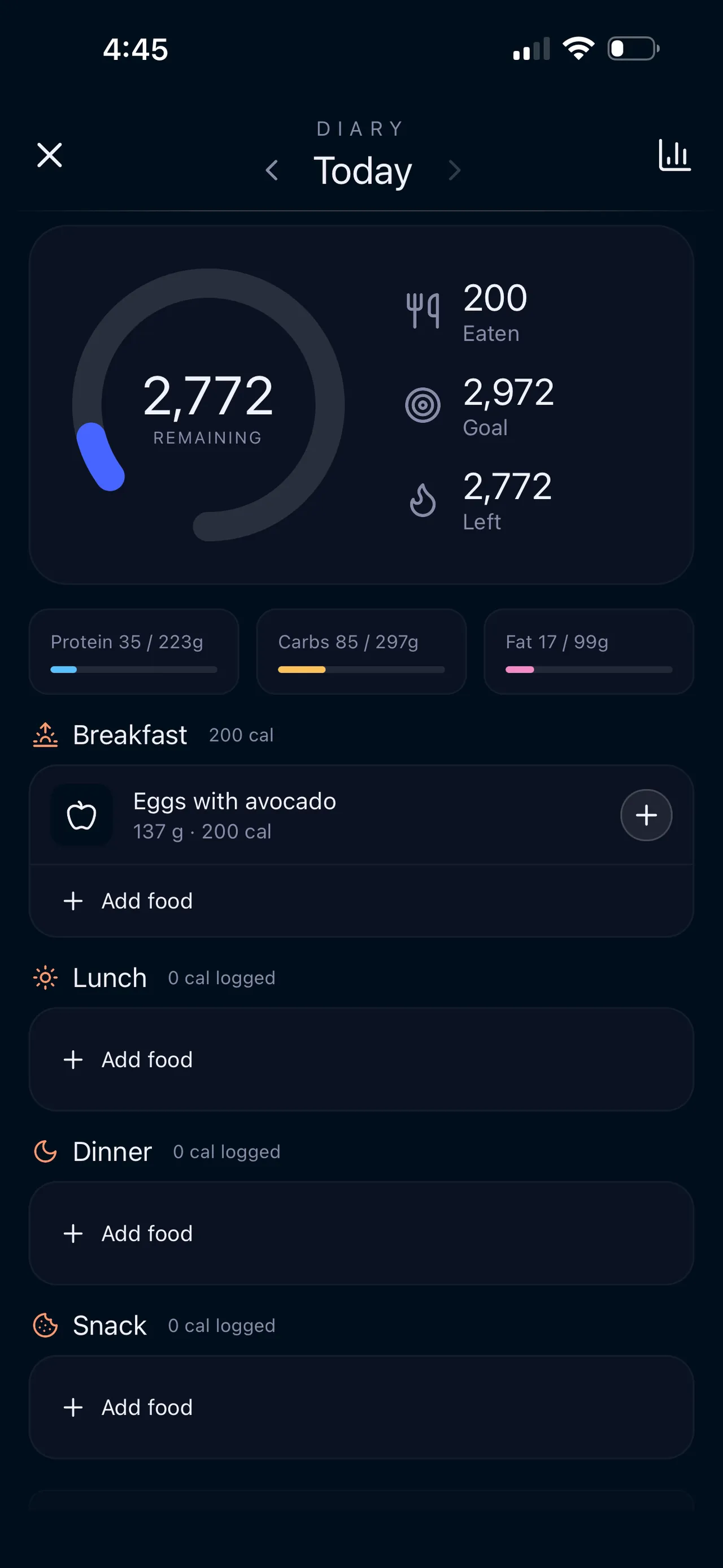 xHeal nutrition dashboard showing remaining calories, macronutrients, and meal logging