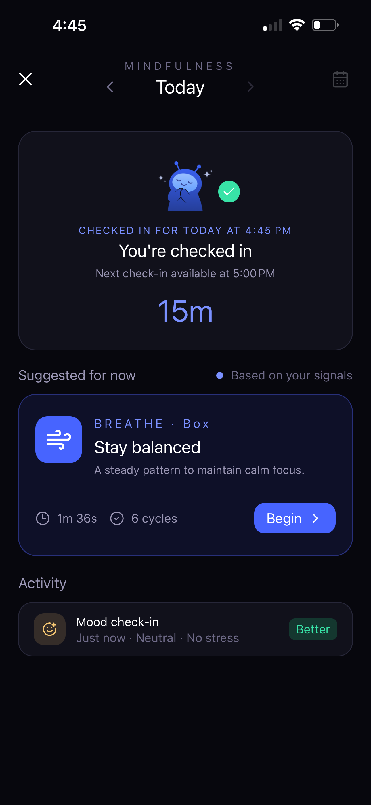 Табло за осъзнатост в xHeal с днешна проверка, дихателно упражнение и активност на настроението
