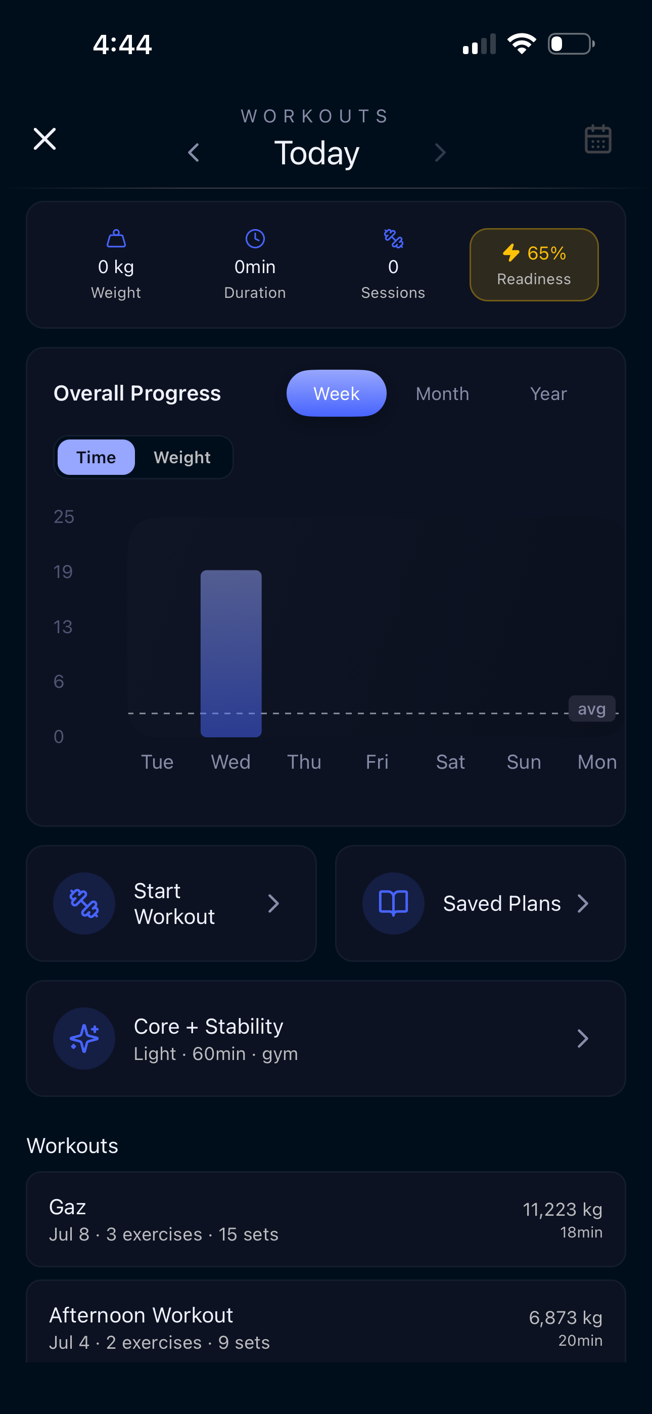Табло за тренировки в xHeal с готовност, седмичен напредък, запазени планове и история на тренировките
